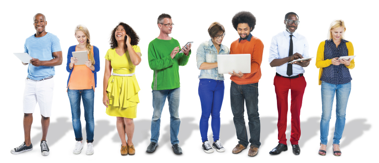 Diverse group of people standing with technology tools (i.e. tablets, phones)